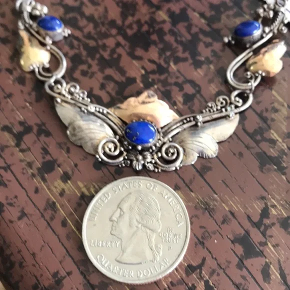 Antique Art Nouveau Sterling Silver and Gold-tone Lapis Necklace - Picture 9 of 10